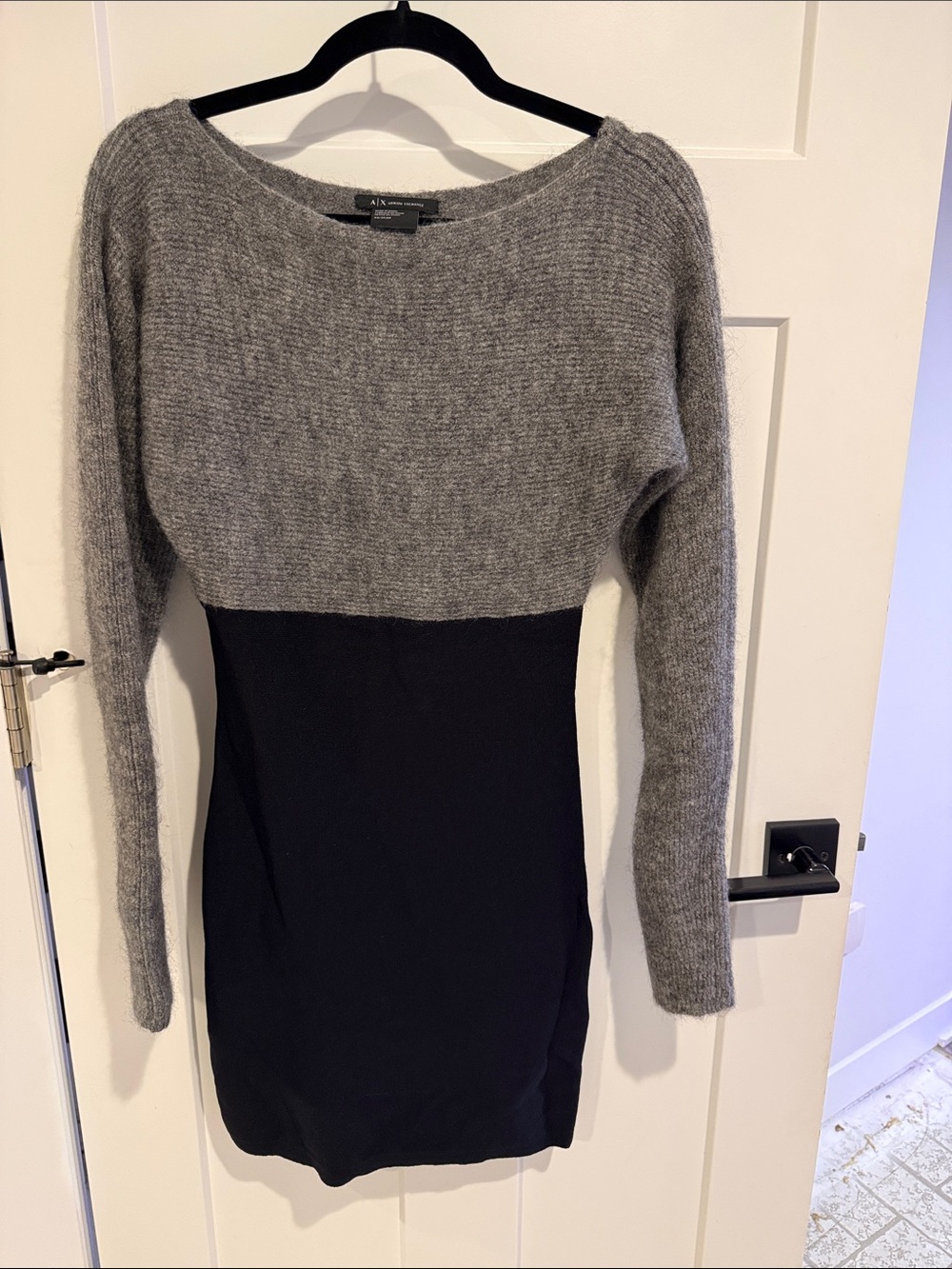 A/X Armani Exchange Gray Top Black Body Off-Shoulder Sweater Dress